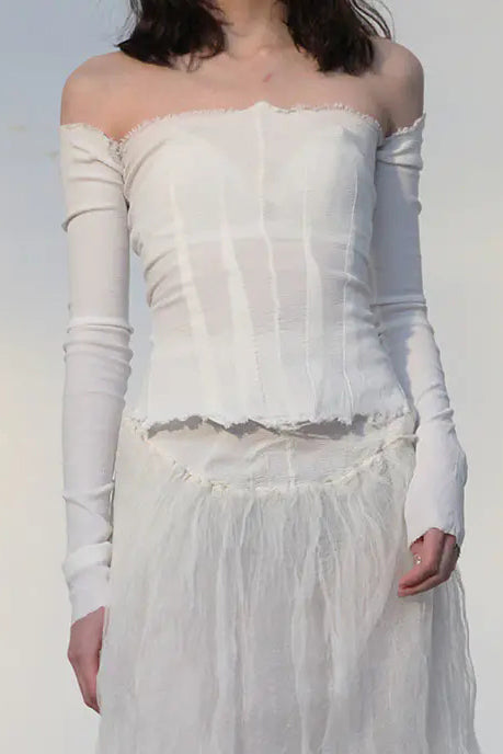 Marc Le Bihan 26916 Flat Shoulder Stretch Bottoming Tube Top T-Shirt French Handmade MLB-26916-BAI White